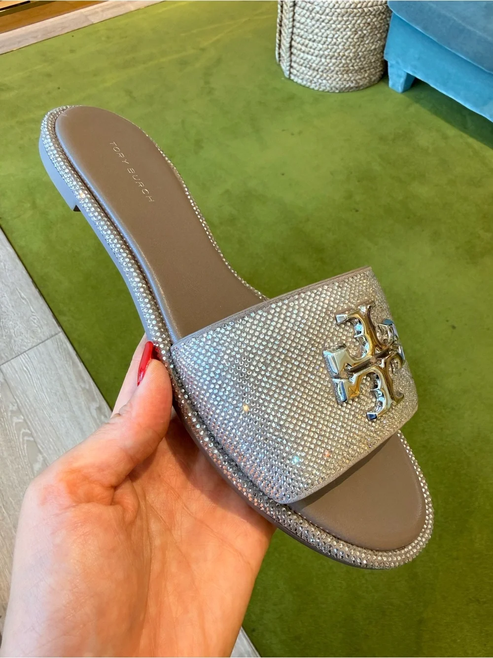 $375‎ Tory Burch Everly Rhinestone Slide Sandals, Dark Clay / Silver, RUNS SMALL